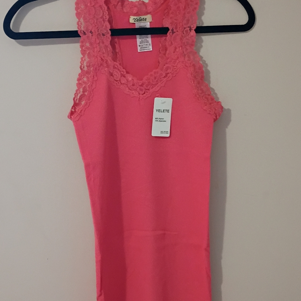 Yelete Women's Coral Racerback Lace Tank Top